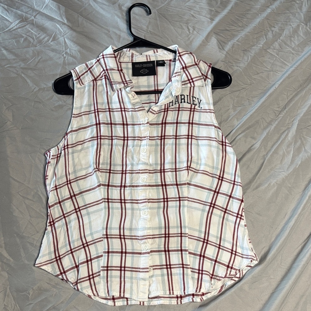 Harley-Davidson Plaid Sleeveless Button-Down Top - Picture 1 of 4